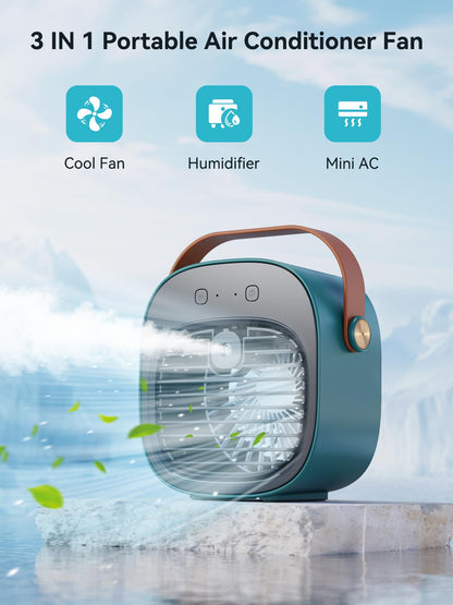 Portable Air Conditioner -5200mAh Rechargeable Personal Air Cooler, Green Mini Air Conditioner with 3 Speeds, Quiet Desk Cooling Fan for Home, Bedroom, Travel, Office, Outdoor, Indoor