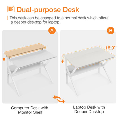 ODK Small Computer Desk, 27.5 inch Desk for Small Spaces with Storage, Compact Table with Monitor & Storage Shelves for Home Office, Modern Style Laptop Desk, Pure White