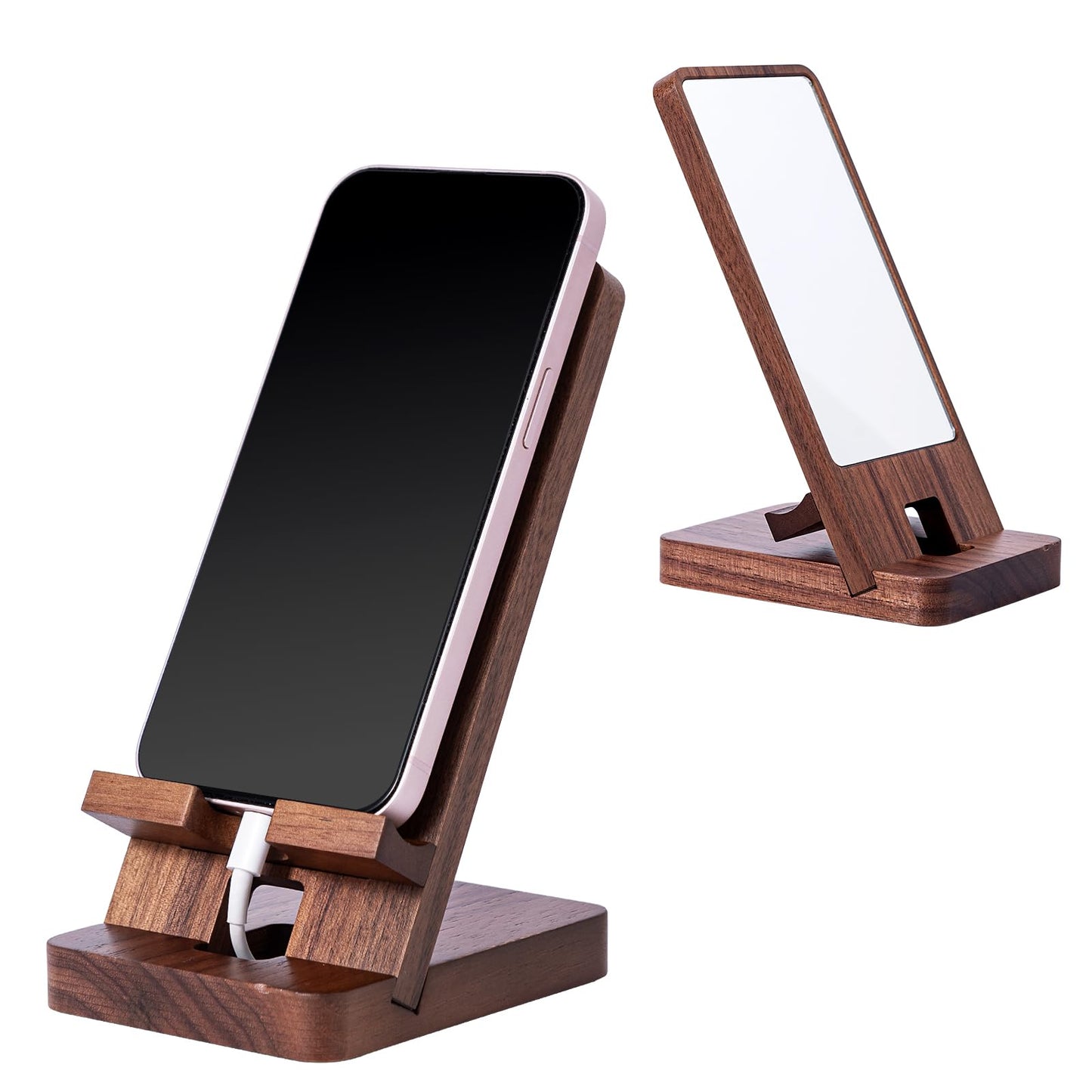 LIKSANGMETALS Wooden Countertop Cell Phone Holder with Mirror, Walnut