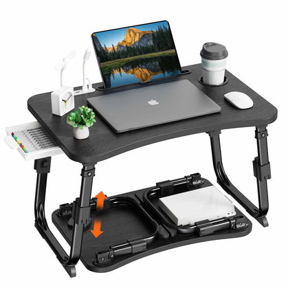 BYMECOST Laptop Desk for Bed, Height Adjustable Laptop Bed Table, Foldable Portable Lap Desk Stand with USB/Storage Drawer/Cup Holder/Slot, Breakfast Tray for Working Reading Writing Eating