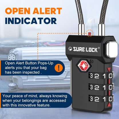 SURE LOCK TSA Approved 3-Digit Combination Luggage Locks – Open Alert Indicator, Re-settable Code with Zinc Alloy Body, Easy-Read Dials for Suitcase, Backpack, Gym Locker & Toolbox(Extra Long Cable)