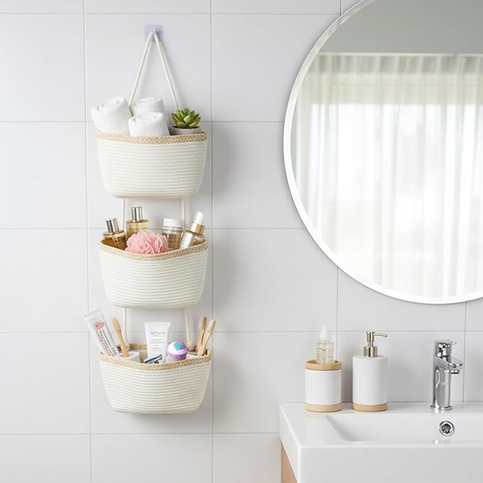TeoKJ Over the Door Hanging Basket, 3-Tier Woven Cotton Wall-Mounted Storage