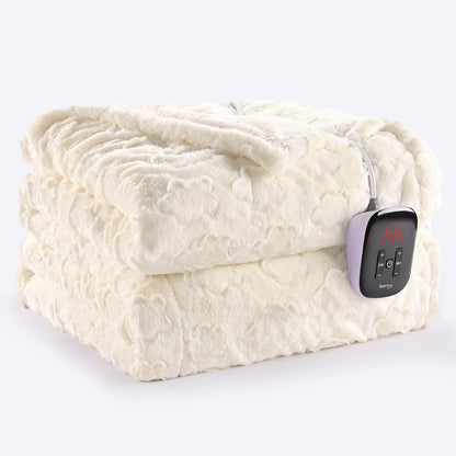 Bearhug Electric Blanket King Size 100" x 90", Dual Controller Heated Blanket, White Flower Patterns Faux Fur & Warm Sherpa, 10-Heat Levels & 1-12H Auto Off,ETL, Machine Washable