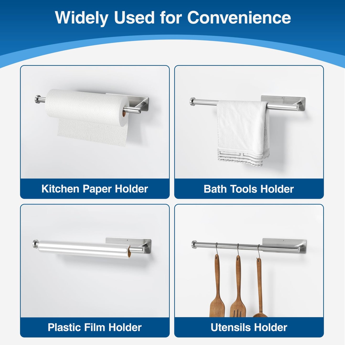 Paper Towel Holder - Self-Adhesive or Drilling, Gold, Wall Mounted, SUS304 Stainless Steel Kitchen Roll Dispenser Under Cabinet