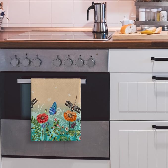 Dragonfly Floral Kitchen Towel Decorative Set of 2 Soft Absorbent Hand Towels