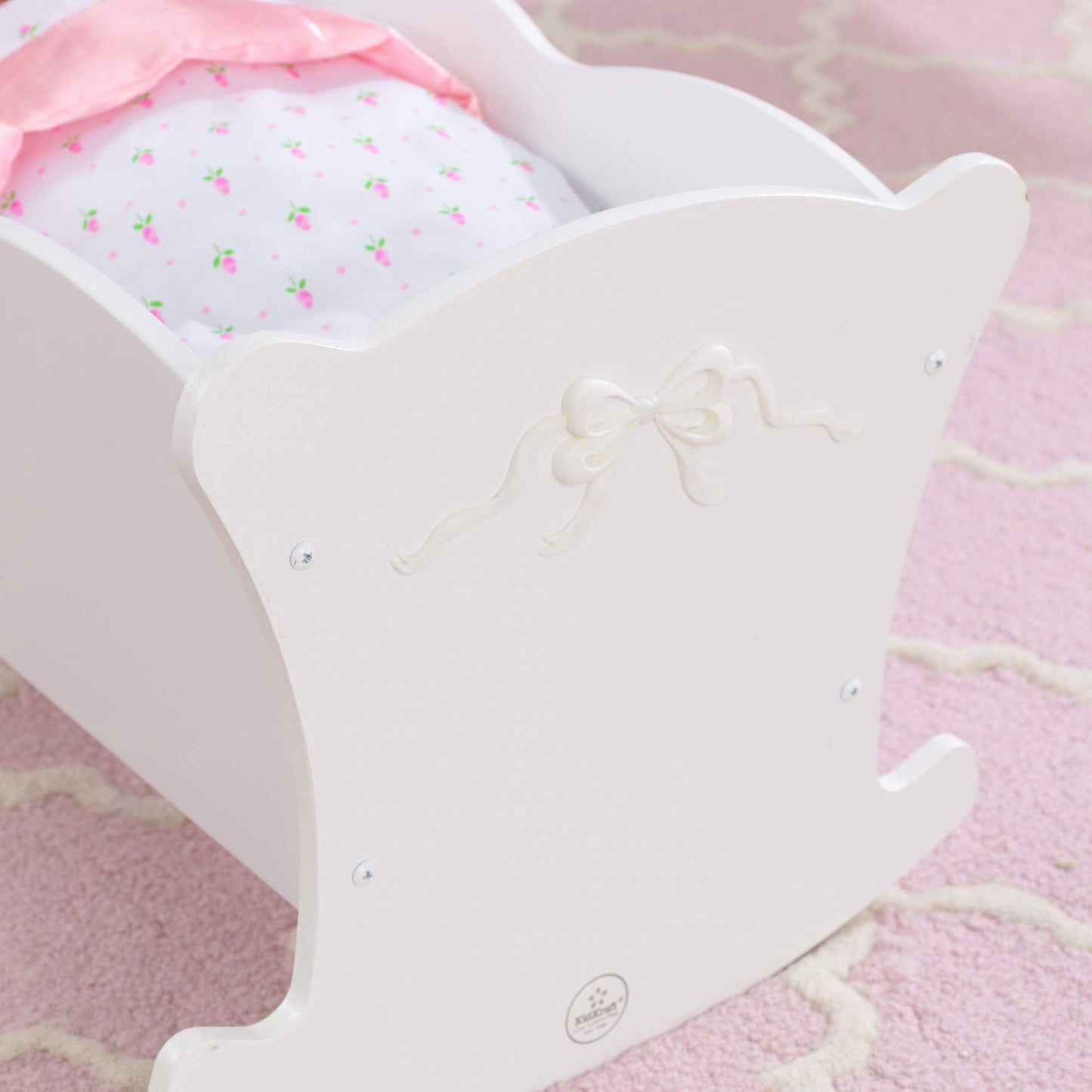 KidKraft Tiffany Bow Scalloped-Edge Wooden Lil Doll Rocking Cradle with Comforter, Pad and Pillow - White, Gift for Ages 3+