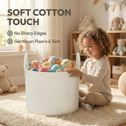 JMvicyroam 115L Extra Large Blanket Basket for Living Room - Woven Cotton Rope Laundry Hamper with Reinforced Handles - Storage Bin for Pillows, Comforters & Toys - Machine Washable,White