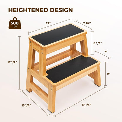 StrongTek Wood Step Stool, 17" Tall Two-Step Design for Adults & Kids, Heavy-Duty 500 lbs Capacity with Non-Slip Steps, Ideal for Kitchen, Bedside & Bathroom Use