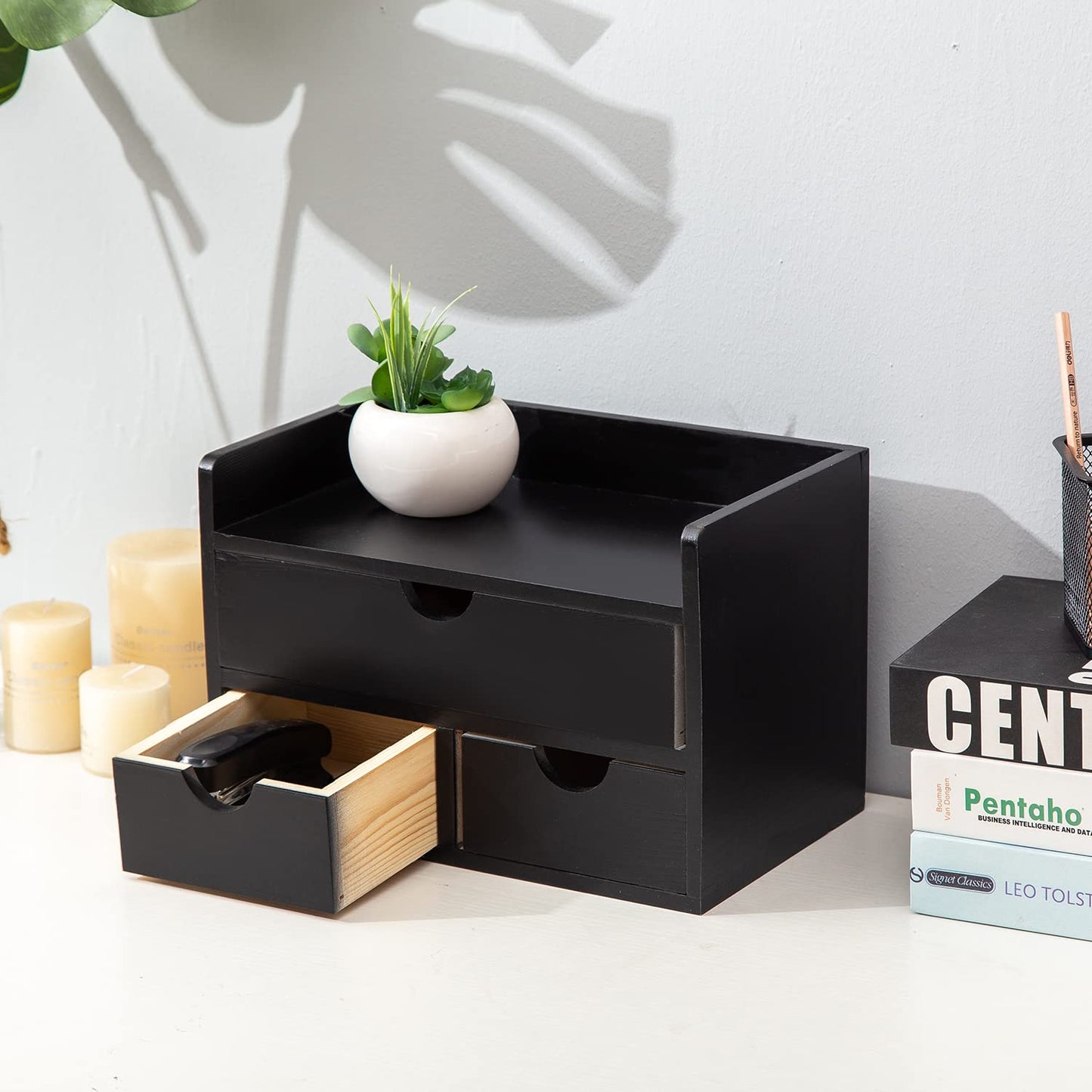 ExoLiry Black Bamboo Desk Organizer Wooden Storage Cabinet 3 Drawers with Shelf Tabletop Organization Box Home Office Workspace Bathroom Toiletries Supplies Caddy Vanity Makeup Stationery Holder