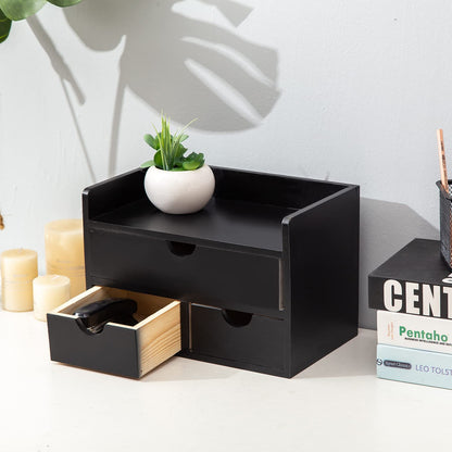 ExoLiry Black Bamboo Desk Organizer Wooden Storage Cabinet 3 Drawers with Shelf Tabletop Organization Box Home Office Workspace Bathroom Toiletries Supplies Caddy Vanity Makeup Stationery Holder