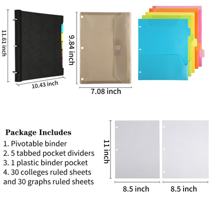 Tashkummy Pivotable Refillable Notebook, 3 Ring Binder Notebooks 1 Inch, Notebook with Dividers and Pockets, Folder Notebook, Flexible Binder, Soft Binders 3 Ring, Foldable Binder- Black