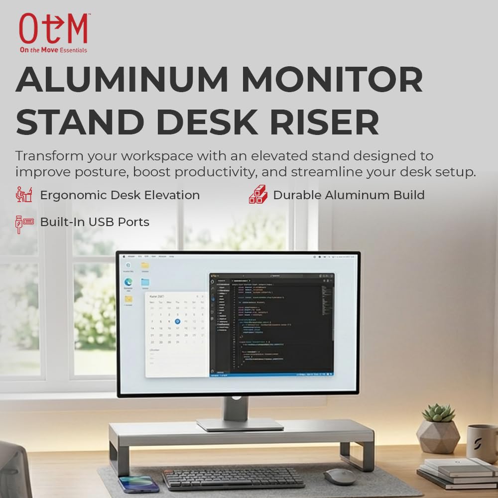 OTM Essentials Aluminum Monitor Stand with 4 USB Ports, Non-Slip Padding & Tilted Surface, Slim Computer Monitor Riser for Laptop, PC & Gaming Desk Organizer, Silver Finish for Home & Office Setup