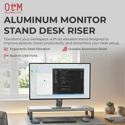 OTM Essentials Aluminum Monitor Stand with 4 USB Ports, Non-Slip Padding & Tilted Surface, Slim Computer Monitor Riser for Laptop, PC & Gaming Desk Organizer, Silver Finish for Home & Office Setup