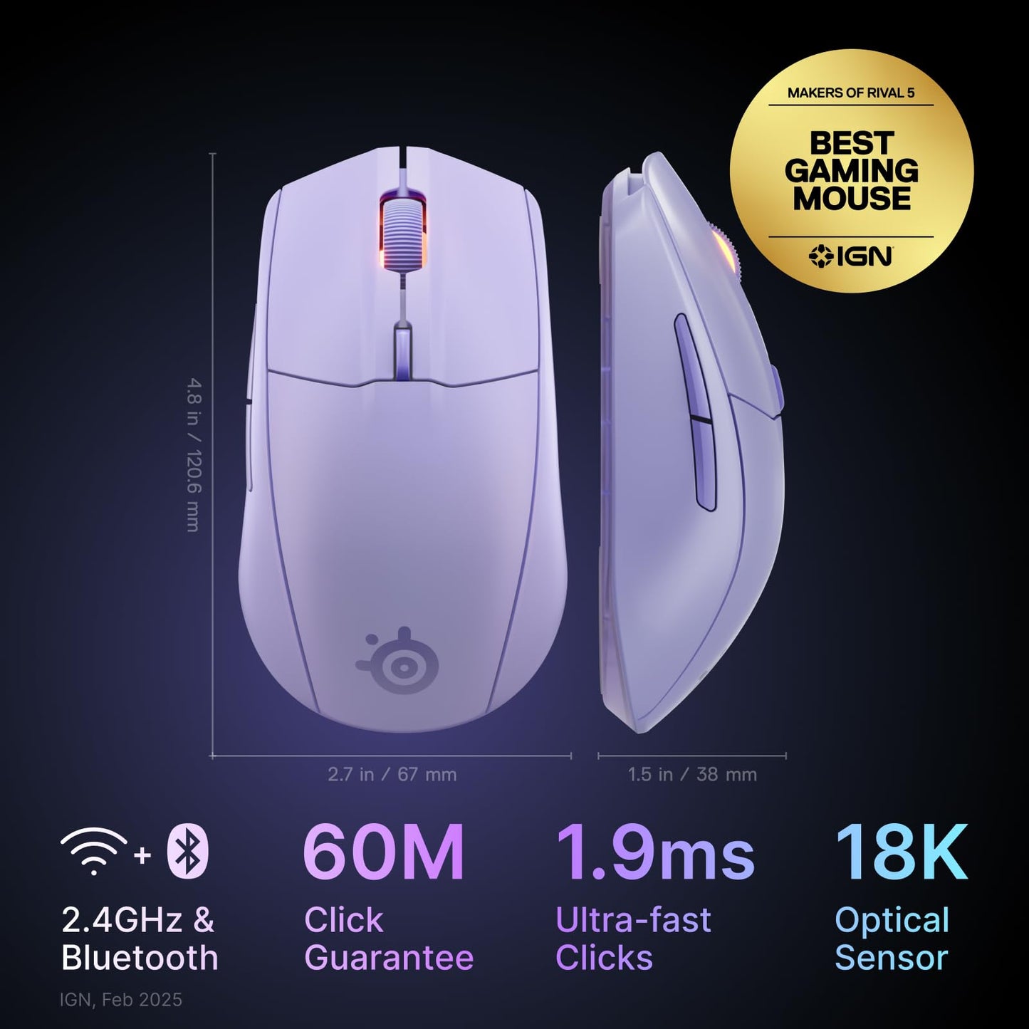 SteelSeries Rival 3 Wireless Gen 2 Gaming Mouse — 2.4GHz and Bluetooth — 18000 DPI TrueMove Air Optical Sensor — 60 Million Click Durability — Light-Weight — 100% PTFE Feet — Black