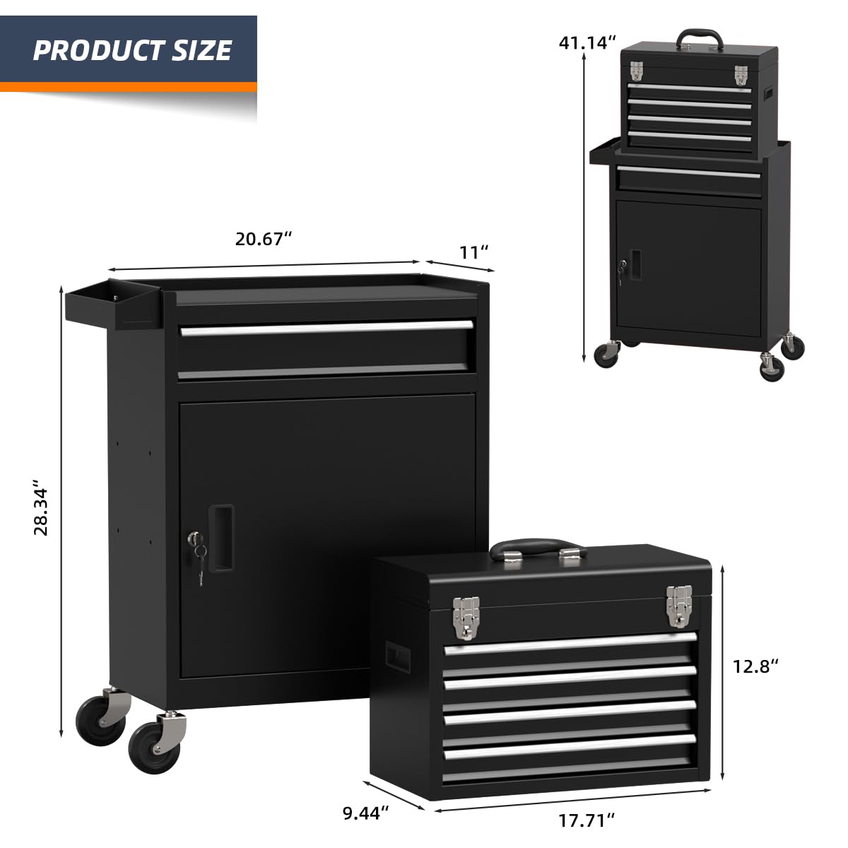 Granper 5-Drawer High Capacity Rolling Tool Box, Removable Cabinet Storage Tool Chest with Wheels and Drawers, Detachable Toolbox with Lock for Mechanics Garage Workshop and Tool Room (Black)