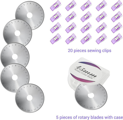 Headley Tools 39 Pcs Rotary Cutter Set - Quilting Kit incl. 45mm Fabric Cutter with 5 Extra Blades, A4 Cutting Mat, 2 Craft Knife Set, Sewing Clips, Ideal for Crafting, Sewing, Patchworking Purple