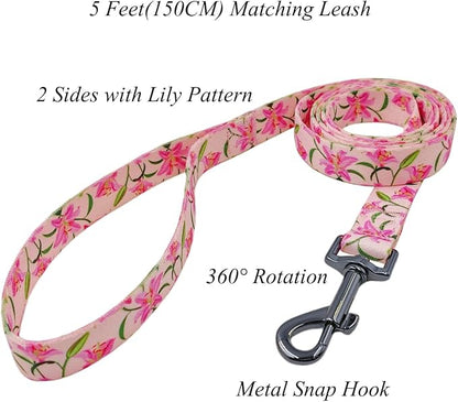 Dog Collar Leash Set, Floral Pattern, Polyester Material, Adjustable Collar and 5ft Matchcing Leash, for Large Dogs.(L, Pink Lily)