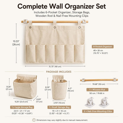 Viscrenox No Drill Canvas Wall Organizer with Mounting Clips, Hanging Pocket Organizer with Wooden Rod, Fabric Wall Storage for Bedroom, Bathroom, Entryway(Large)