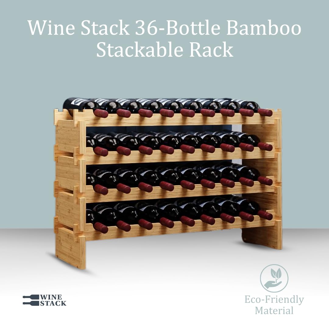 Wine Stack 36 Bottle Bamboo Stackable Freestanding Wine Rack, No Tools Assembly, Durable, Wine and Liquor Bottle Storage for Small Spaces