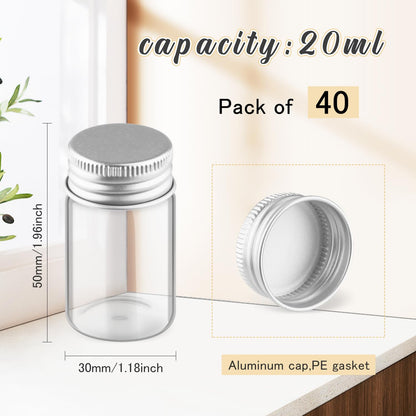 Wresty 40 Pack 20ml/0.68oz Glass Vials With Aluminum Screw Caps Empty Sample Bottles Container Small Glass Jars For DIY Cosmetics Art Craft Decor Jewelry Storage 30mmx50mm