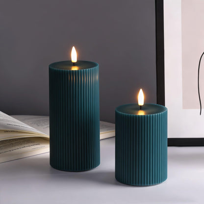 Girimax Green Ribbed Flameless Pillar Candles with Remote, 2 Pack Flickering Battery Operated LED Wax Candles Φ 3" H 4" 6"