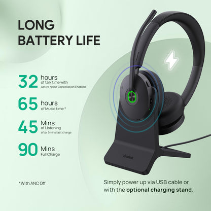 Yealink BH74 with Stand ANC Wireless Headset with Microphone for PC, Bluetooth Headset Noise Cancelling with 6 AI Mic, 32H Talk Time & Mute Button, Microsoft Teams Premium Open Office Certified UC