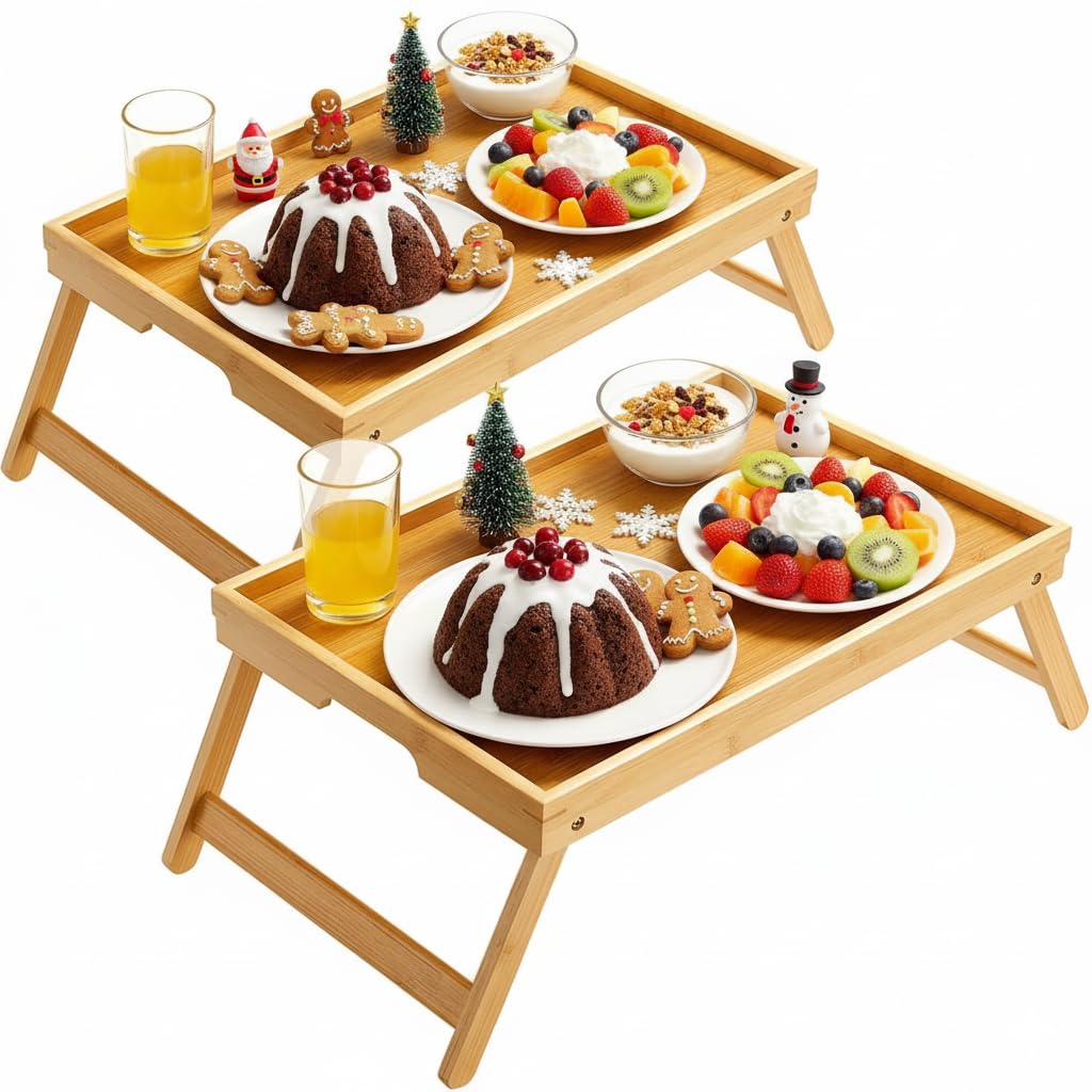 Pipishell Bamboo Bed Breakfast Tray with Foldable Legs, Handles, Ideal for Kids, Couples, Sofa, Eating, Working, Used As Laptop Desk Snack Table - 2 Pack