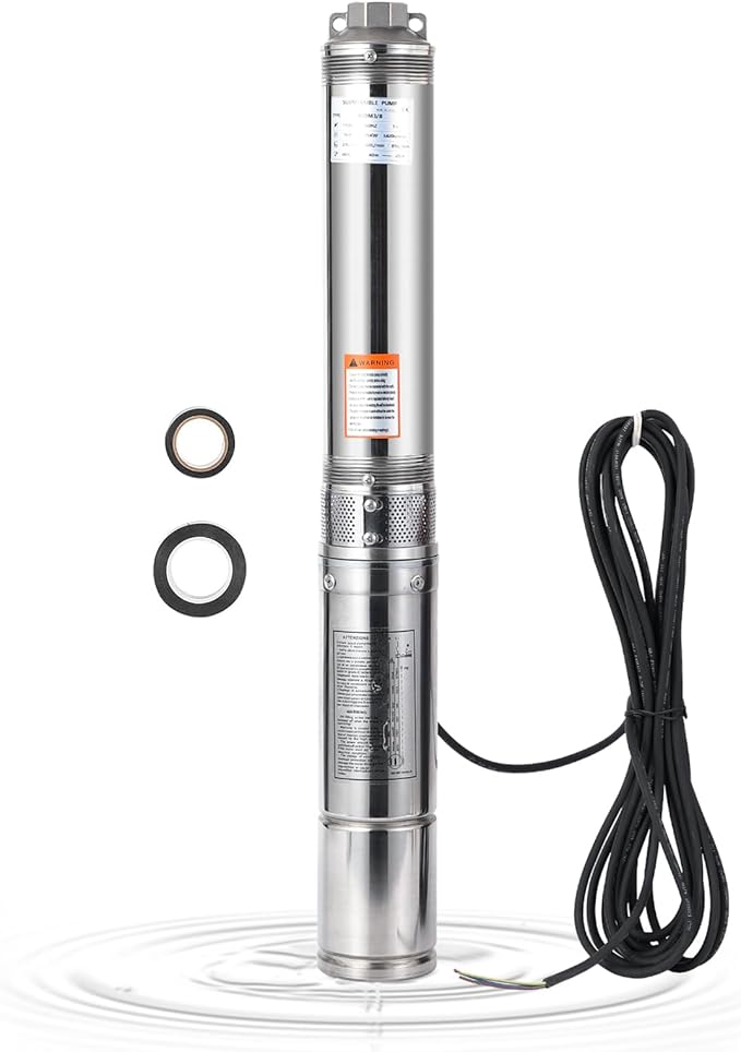 Deep Well Submersible Pump, 1HP 230V/60Hz, 27GPM Flow 204ft Head, with 33ft Electric Cord & Check Valve, 4" Stainless Steel Water Well Pump for Industrial,Irrigation,Home Use, IP68 Waterproof Grade
