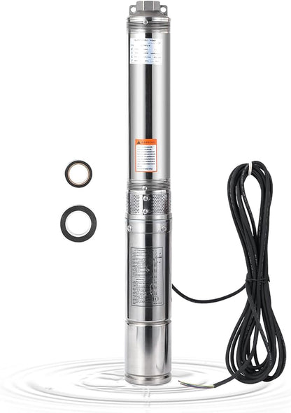 Deep Well Submersible Pump, 1.5HP 110V/60Hz, 27GPM Flow 259ft Head, with 33ft Electric Cord & Check Valve, 4" Stainless Steel Water Well Pump for Industrial,Irrigation,Home Use, IP68 Waterproof Grade