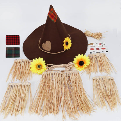 Lunaryvo Scarecrow Costume, Scarecrow Hat Raffia Straw Kit Face Decals Sunflower Patchwork Halloween Harvest Accessories (Brown-13pcs)