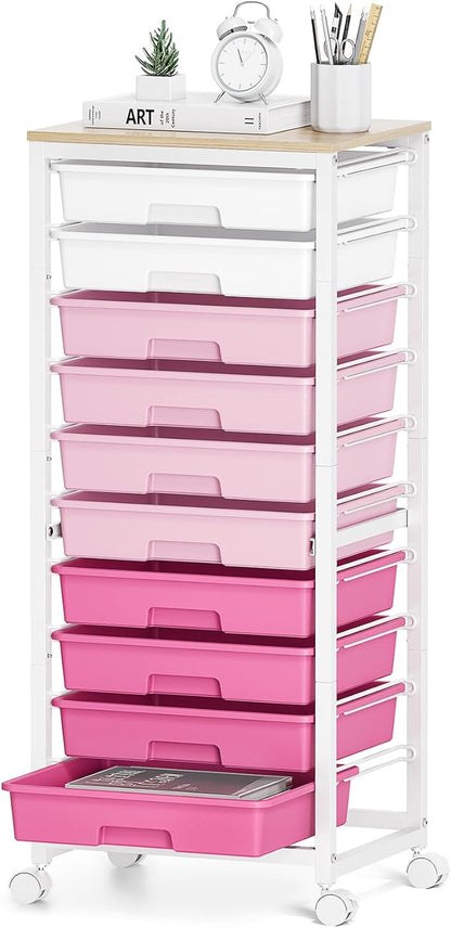 SYKIARIOL Rolling Cart with Drawers,10 Drawer Rolling Cart,Storage Cart,Utility Cart,Teacher Cart for Classroom Storage,Craft Cart with Wheels and Wooden Tabletop,Pink