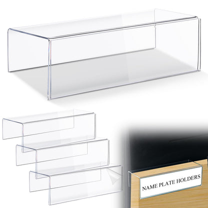 Kathfly 4 Pcs Clear Acrylic Cubicle Name Plate Holders 8.5" L x 2.5" W - Fits 3" Cubicle Wall, Single Sided Sign Holder Plastic Nameplate for Office Home Classroom Library Display