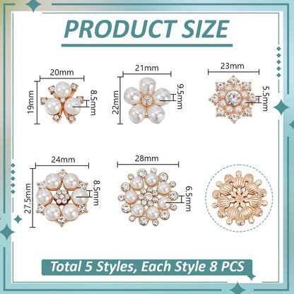AHANDMAKER 40pcs 5 Styles Pearl Rhinestone Flower Buttons Faux Pearl Embellishments Brooch Alloy Floral Pendants for Crafts Jewelry Making DIY Wedding Decorations Clothes Bags Shoes Supplies