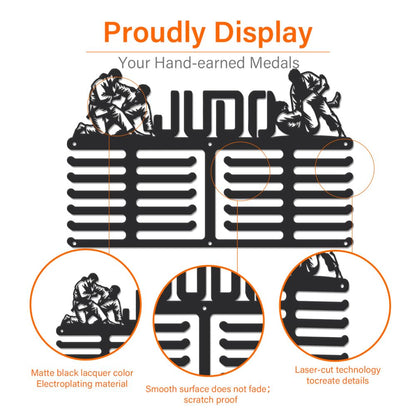 SUPERDANT Judo Medal Hanger Display Sports Medal Holder 6 Rows Wall Mount Judo Medals Hanging Hook Black Metal Display Rack Hangers Iron Race Ribbon Award Organizer for Athletes Player