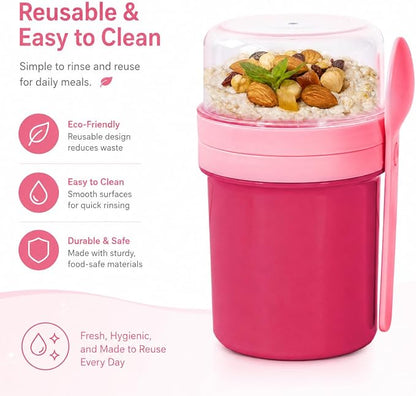 27oz Reusable Yogurt Parfait & Overnight Oats Cups – 100% Leakproof with Lid & Spoon for Meal Prep, Breakfast, Office & Gym (Pink)