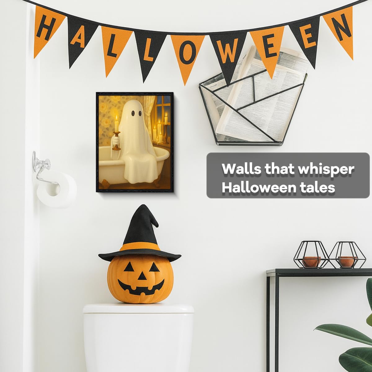 White ghost in clawfoot tub with candle, Rembrandt style ghost pictures wall decor, matte framed ghost wall art, Funny ghost pictures for bathroom, gift for Halloween, 8x10 inch