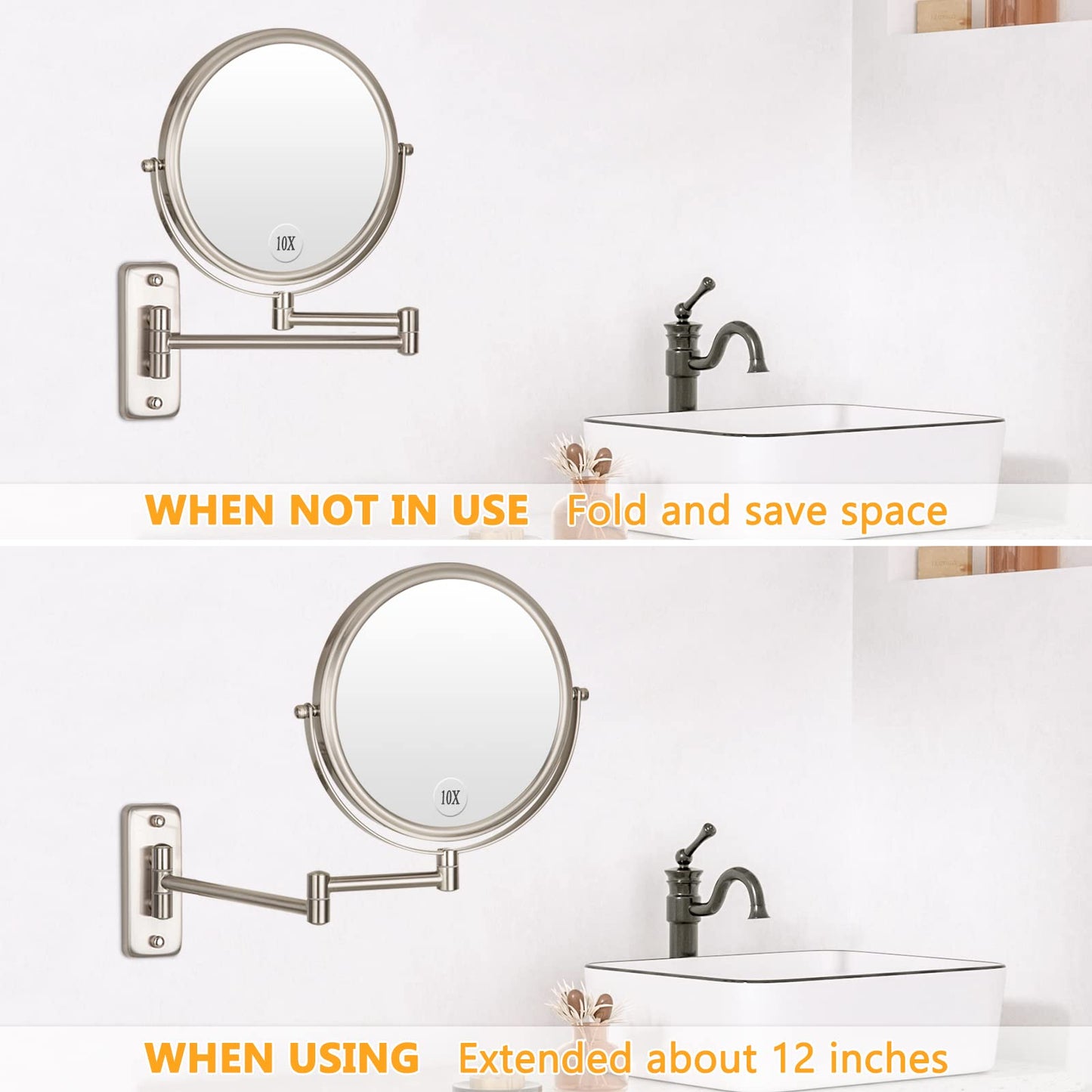 ALHAKIN 9" Wall Mounted Lighted Makeup Mirror, Large Rechargeable 1X/10X Magnifying Mirror with 3 Color Lights Dimmable, 360° Rotation, Nickel