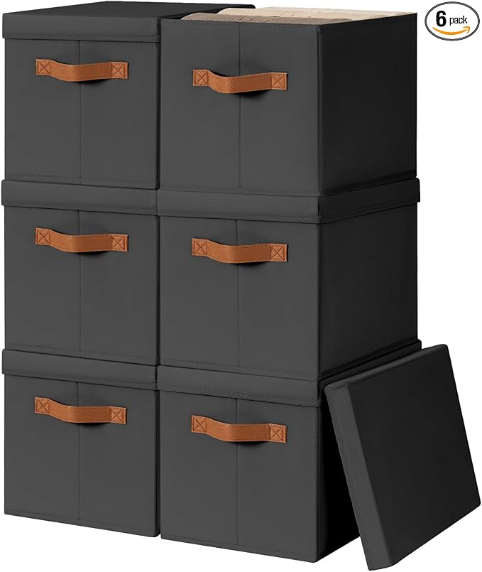 Homsorout Storage Bins with Lids - Fabric Storage Baskets for Shelves, 6 Pack Foldable Decorative Boxes with Handles, Stackable Organizer Bins for Home, Nursery, Dorm, Black