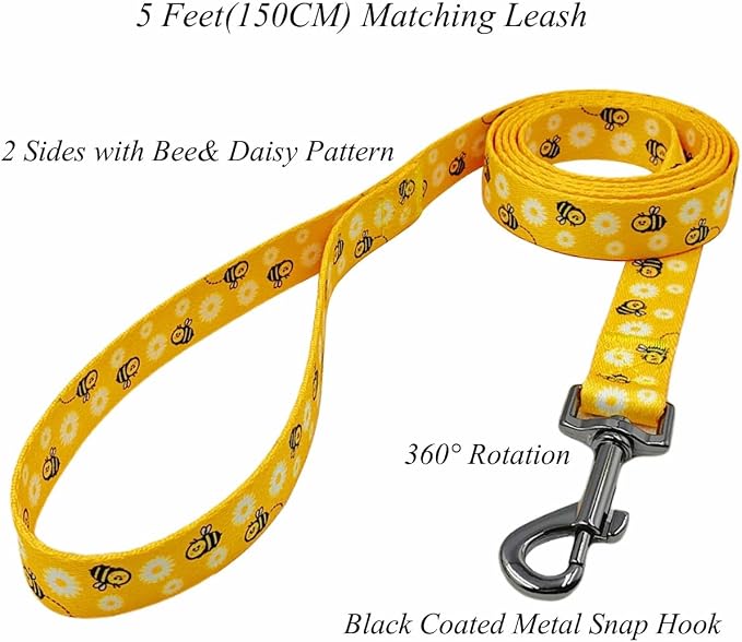 Dog Collar Leash Set, Floral Pattern, Polyester Material, Adjustable Collar and 5ft Matching Leash, for Puppy Dogs.(XS, Bee Daisy)