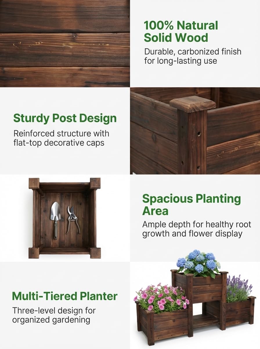 Borsynium Wooden Raised Planter Box Set, 3-Tier, Carbonized Brown, Outdoor Garden Bed, Rustic Style