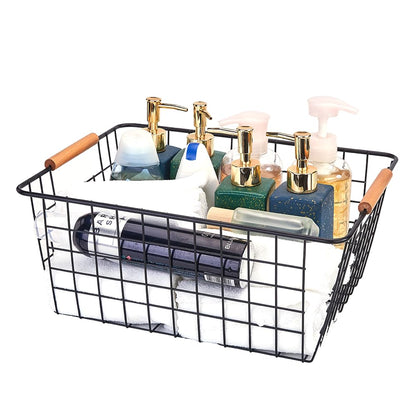 LeleCAT Large black wire baskets with Wooden Handles for storage pantry, Storage Organizer Baskets, Household Refrigerator for Cabinets, Closets, Bedrooms, kitchen - Set of 3 Black