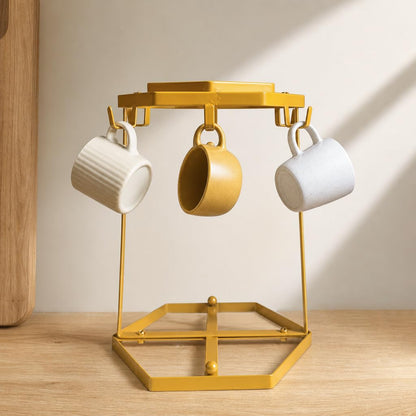 LWXPAIYY Coffee Mug Holder Countertop,Yellow Metal Coffee Cup Holders for Counter,Matte Muted Gold Mug Stand Rack for Counter Top 6 Hooks(Hexagon)