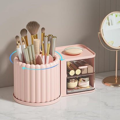 360 Rotating Makeup Organizer Countertop with 2 Drawers, Makeup Brush Holder, Small Preppy Organizer, 9.25x5.11 Inch, Pink