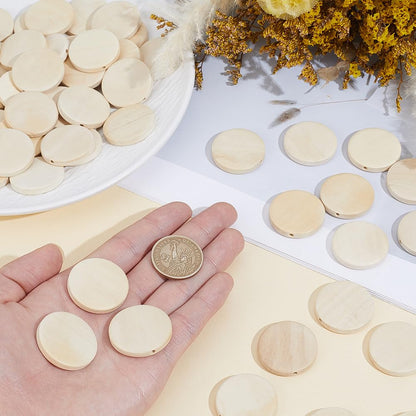 PONABEADIY 30MM 60PCS Unfinished Wooden Beads with Hole Natural Flat Wood Coin Flat Round Circle Macrame Slices Loose Spacer Bead Bulk for Jewelry Making Tassel Garland Home Decor DIY Crafts Supply