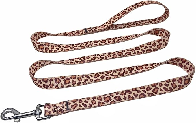 Dog Collar Leash Set, Leopard Pattern, Polyester Material, Adjustable Collar and 5ft Matching Leash, for Puppy Dogs.(XS, Light Coffee Leopard)