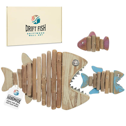 Driftwood Fish 3-in-1 Nautical Wall Decor - Handmade Wooden Rustic Coastal Wall Art for Living Room, Bedroom, Office, Bathroom - Ocean Beach Decoration (Skelly)