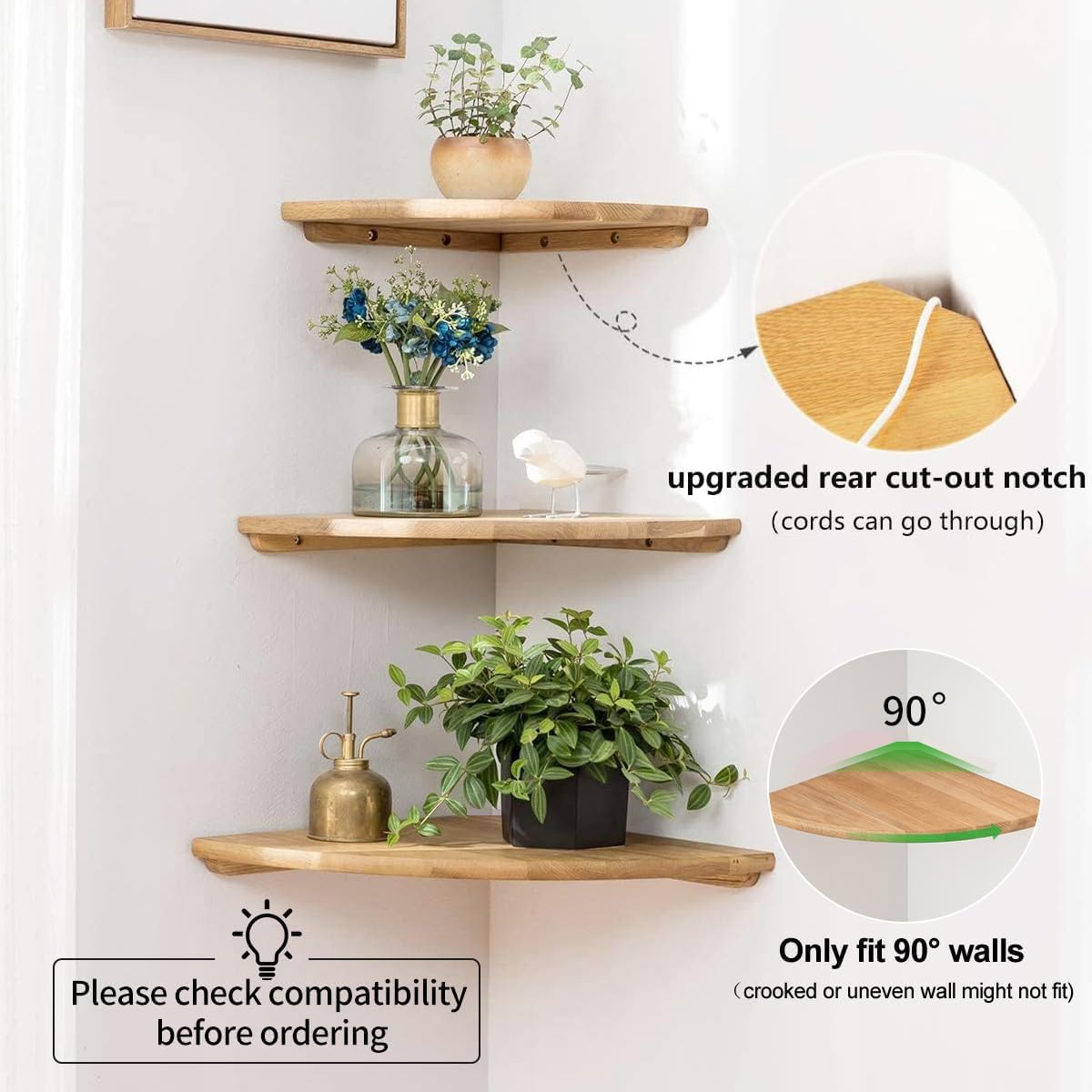 Conamily Corner Shelf, 7inch Solid Oak Wood Floating Corner Shelf Wall Mount Round End Floating Speaker Shelves with Wire Hole for Small Plant Photo Frame for Bedroom Kitchen, Living Room
