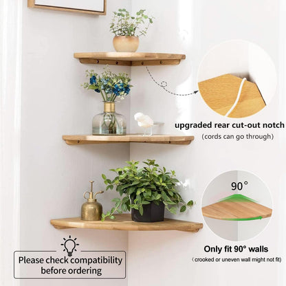 Conamily Corner Shelf, 7inch Solid Oak Wood Floating Corner Shelf Wall Mount Round End Floating Speaker Shelves with Wire Hole for Small Plant Photo Frame for Bedroom Kitchen, Living Room