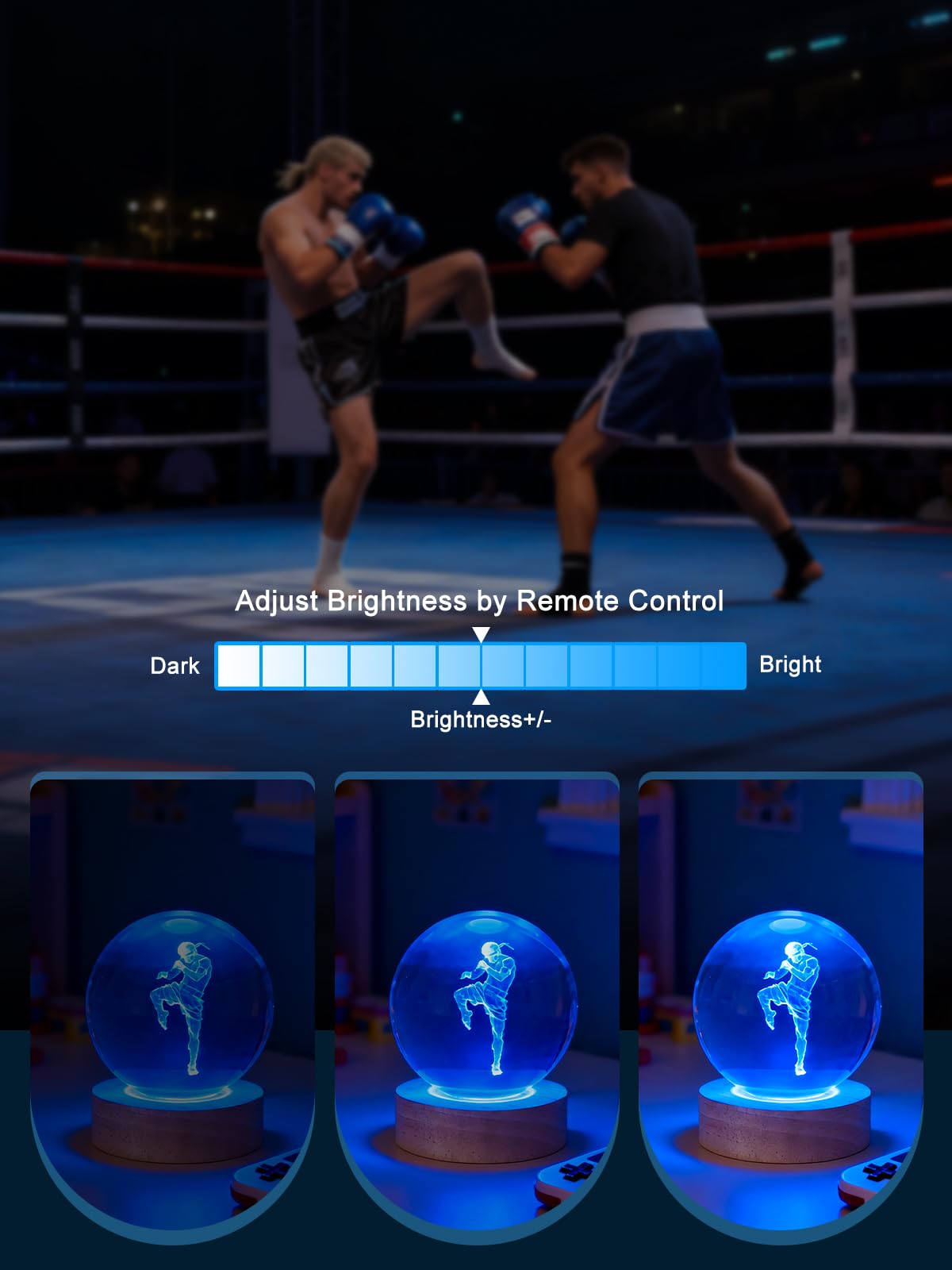 Ammonite Muay Thai Crystal Ball 3D Night Light, 16 Colors Changing with Remote Control Wooden Base, Glass Figurines Statue, Christmas Birthday Gifts for Nak Muay Kids Boys Men