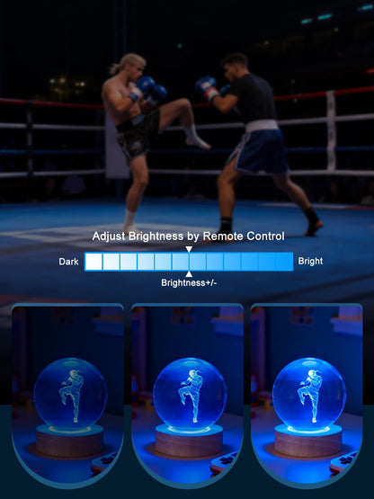 Ammonite Muay Thai Crystal Ball 3D Night Light, 16 Colors Changing with Remote Control Wooden Base, Glass Figurines Statue, Christmas Birthday Gifts for Nak Muay Kids Boys Men